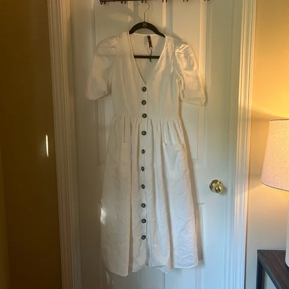 ZARA White Linen Button Down Dress with Pockets // XS - Picture 2 of 9